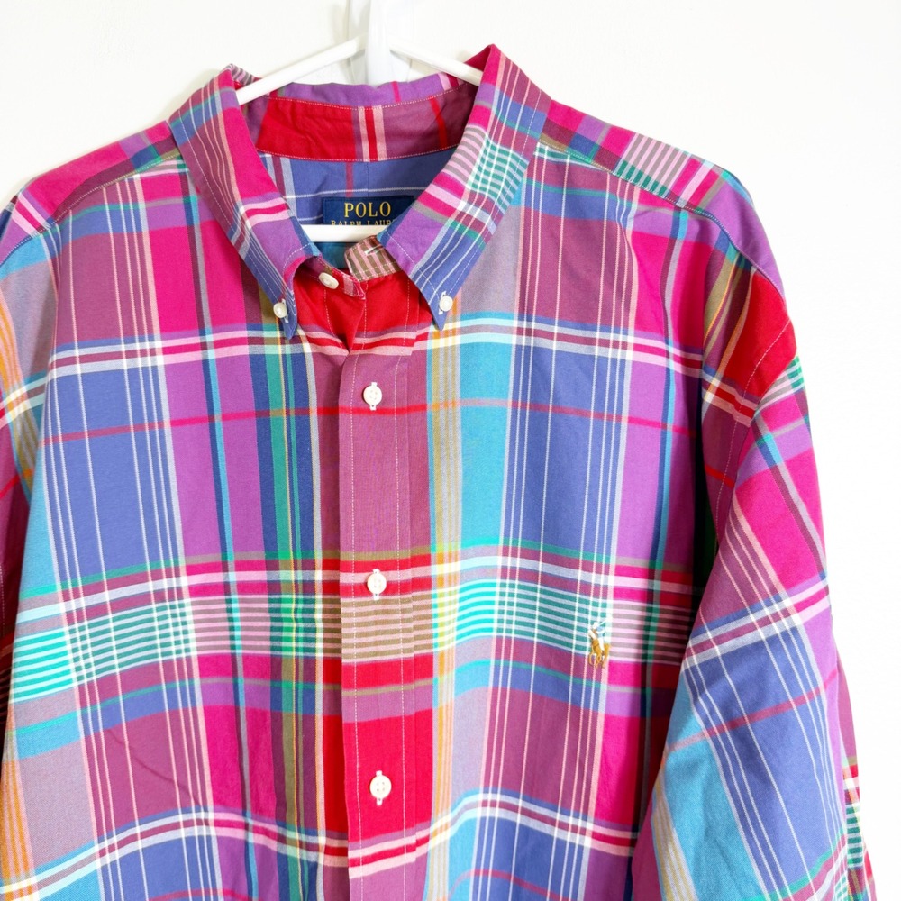Polo Ralph Lauren Button Down Shirt Mens 3XLT Multicolor Plaid Long Sleeve Pony